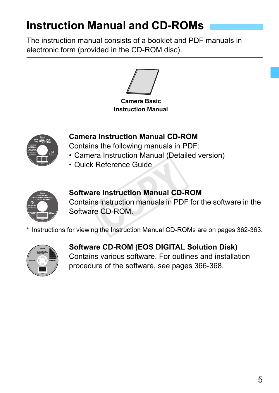Instruction manual and cd-roms, Cop y | Canon EOS Rebel SL1 18-55mm IS STM Lens Kit User Manual | Page 5 / 388