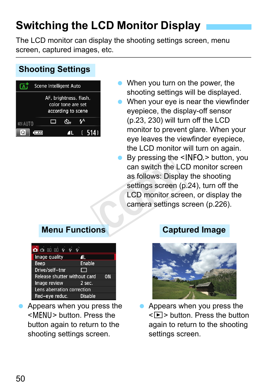 Switching the lcd monitor display, F sensor (p.50, 230), P.50, 89, 152, 187, 226) | Cop y | Canon EOS Rebel SL1 18-55mm IS STM Lens Kit User Manual | Page 50 / 388