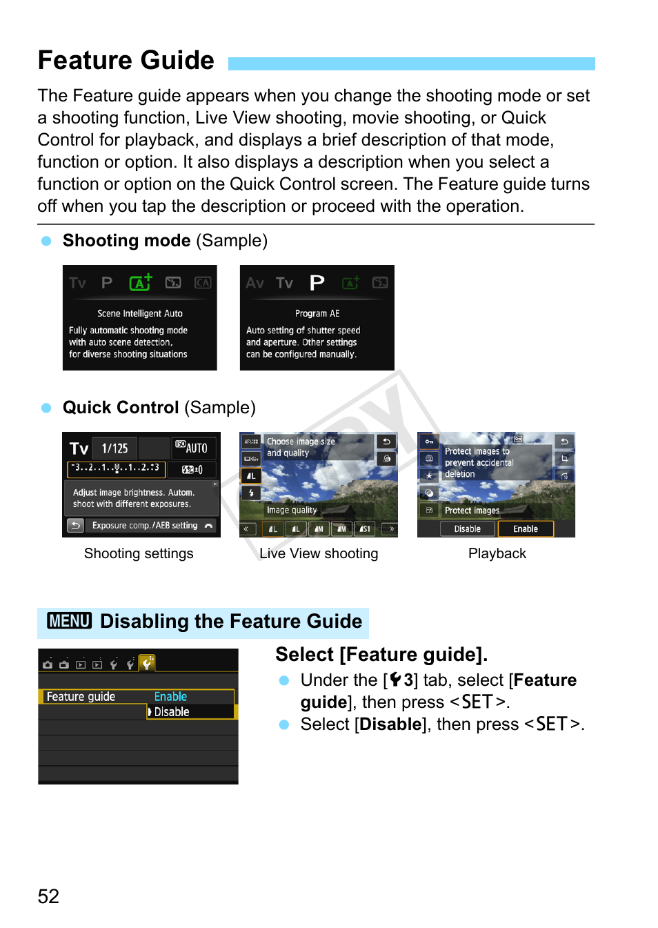 Feature guide, P.52, Cop y | Canon EOS Rebel SL1 18-55mm IS STM Lens Kit User Manual | Page 52 / 388