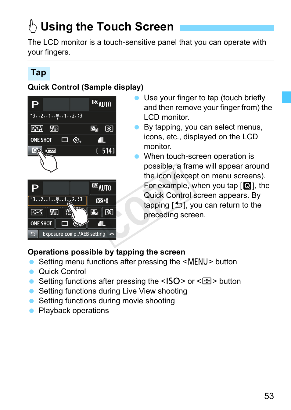 Using the touch screen, P.53, Cop y | Dusing the touch screen | Canon EOS Rebel SL1 18-55mm IS STM Lens Kit User Manual | Page 53 / 388