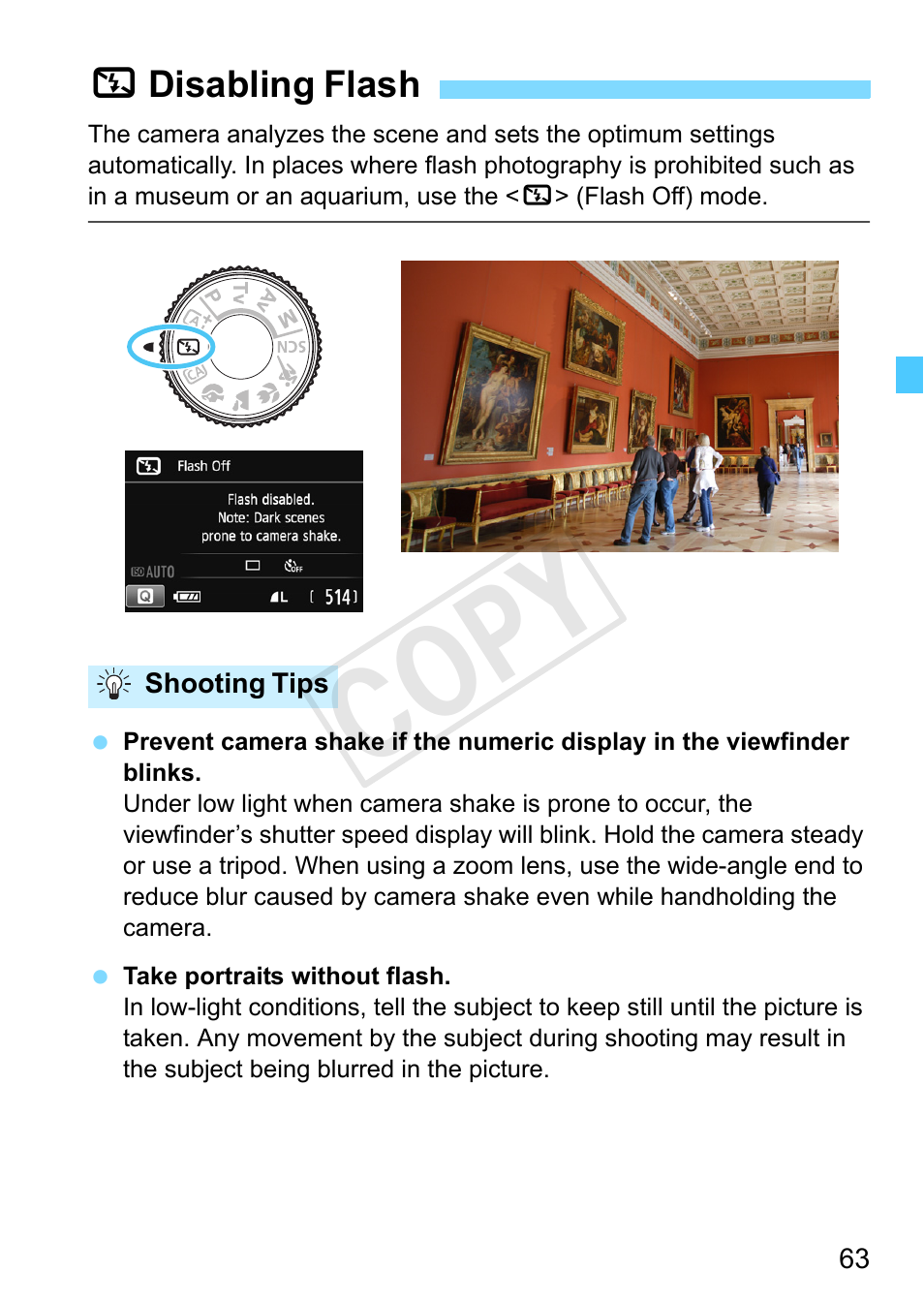 Disabling flash, P.63, P.63) | Cop y | Canon EOS Rebel SL1 18-55mm IS STM Lens Kit User Manual | Page 63 / 388