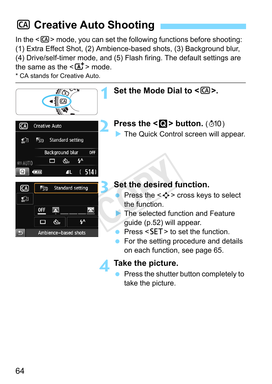 Creative auto shooting, P.64, P.64) | Cop y | Canon EOS Rebel SL1 18-55mm IS STM Lens Kit User Manual | Page 64 / 388