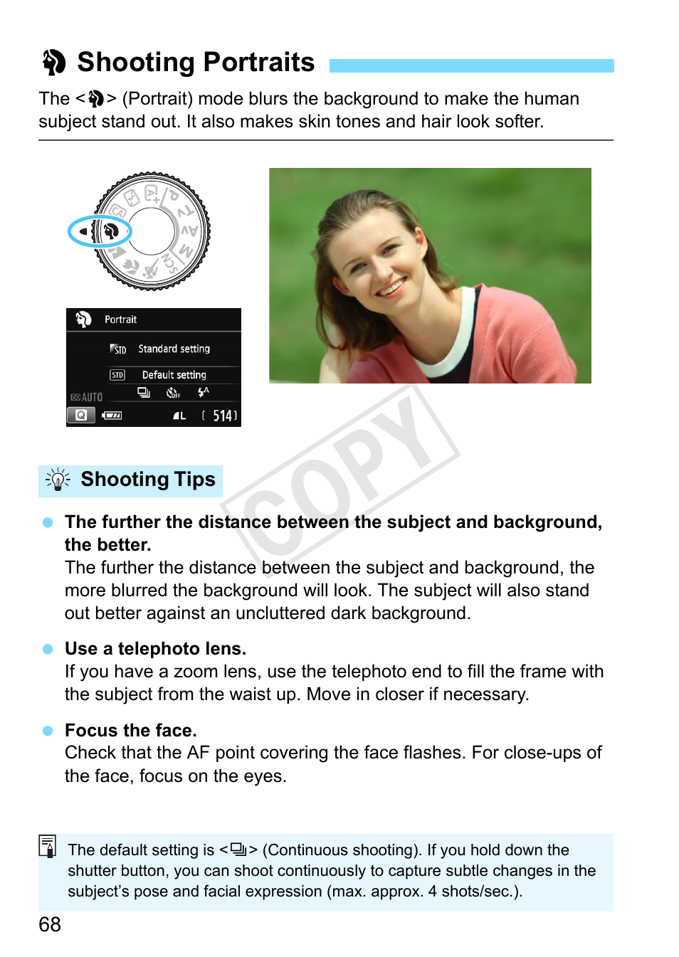 Shooting portraits, P.68), Cop y | Canon EOS Rebel SL1 18-55mm IS STM Lens Kit User Manual | Page 68 / 388