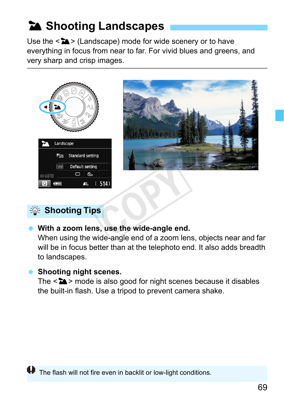 Shooting landscapes, P.69), Cop y | Canon EOS Rebel SL1 18-55mm IS STM Lens Kit User Manual | Page 69 / 388