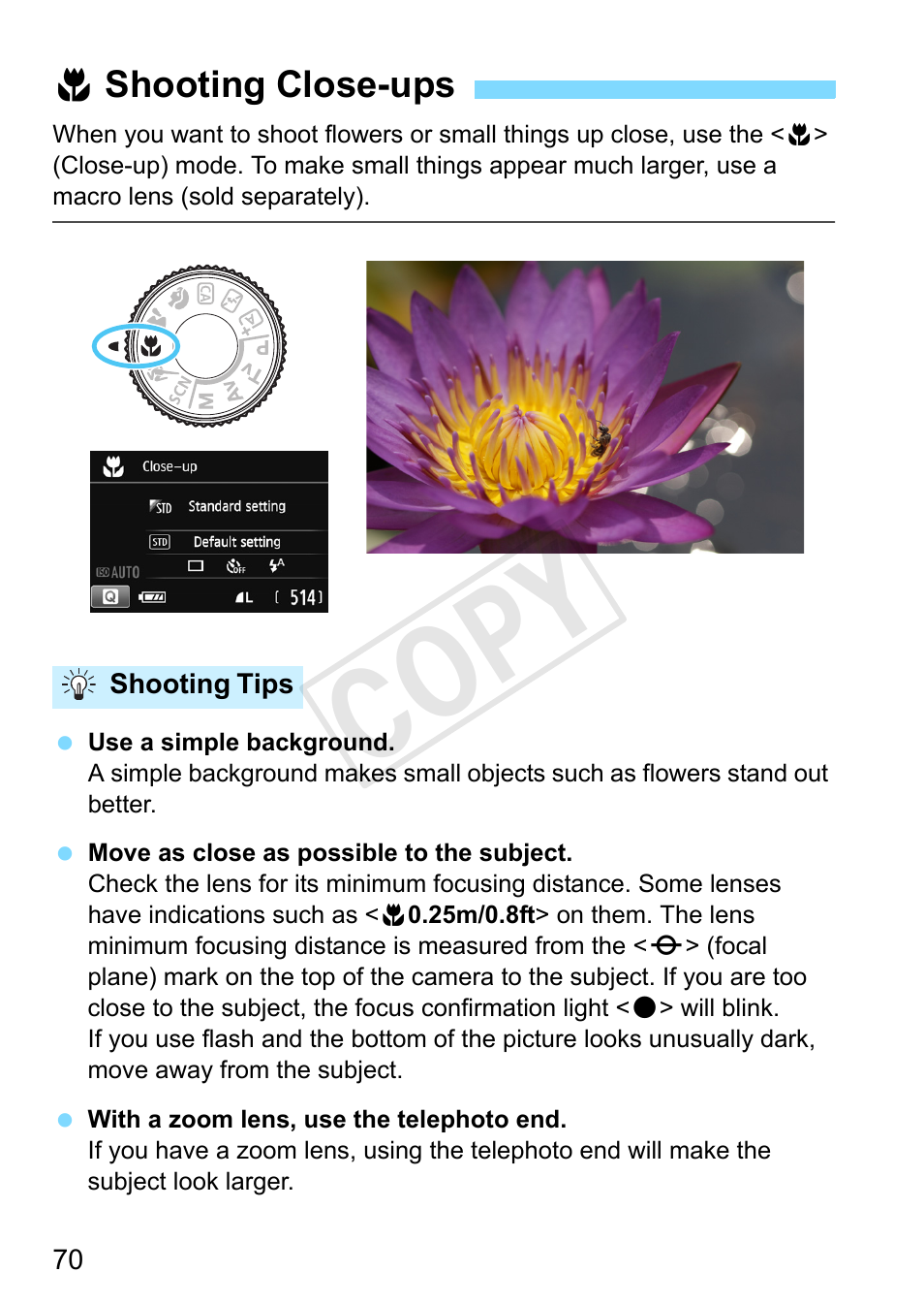 Shooting close-ups, P.70), Cop y | Canon EOS Rebel SL1 18-55mm IS STM Lens Kit User Manual | Page 70 / 388