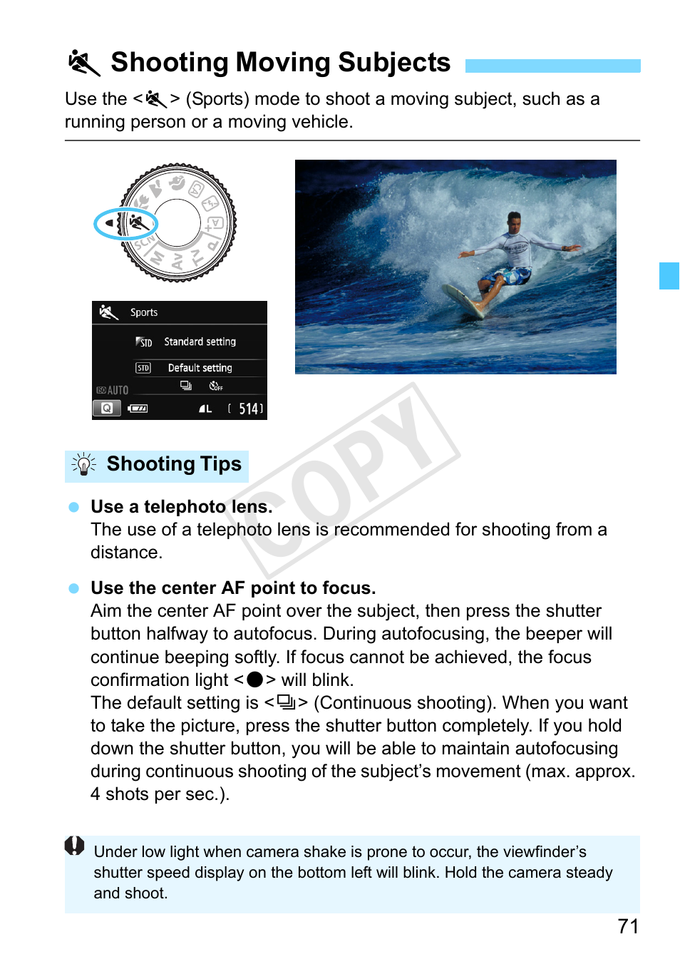 Shooting moving subjects, P.71, P.71) | Cop y | Canon EOS Rebel SL1 18-55mm IS STM Lens Kit User Manual | Page 71 / 388