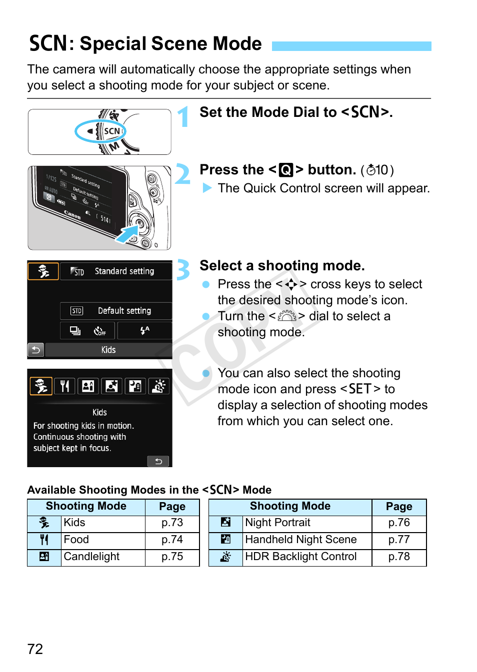 Special scene mode, P.72), Cop y | Canon EOS Rebel SL1 18-55mm IS STM Lens Kit User Manual | Page 72 / 388