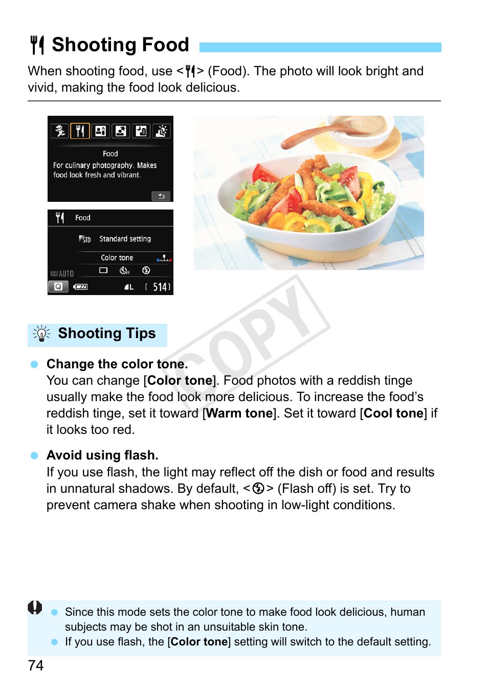 Shooting food, Food (p.74), P.74 | Cop y | Canon EOS Rebel SL1 18-55mm IS STM Lens Kit User Manual | Page 74 / 388