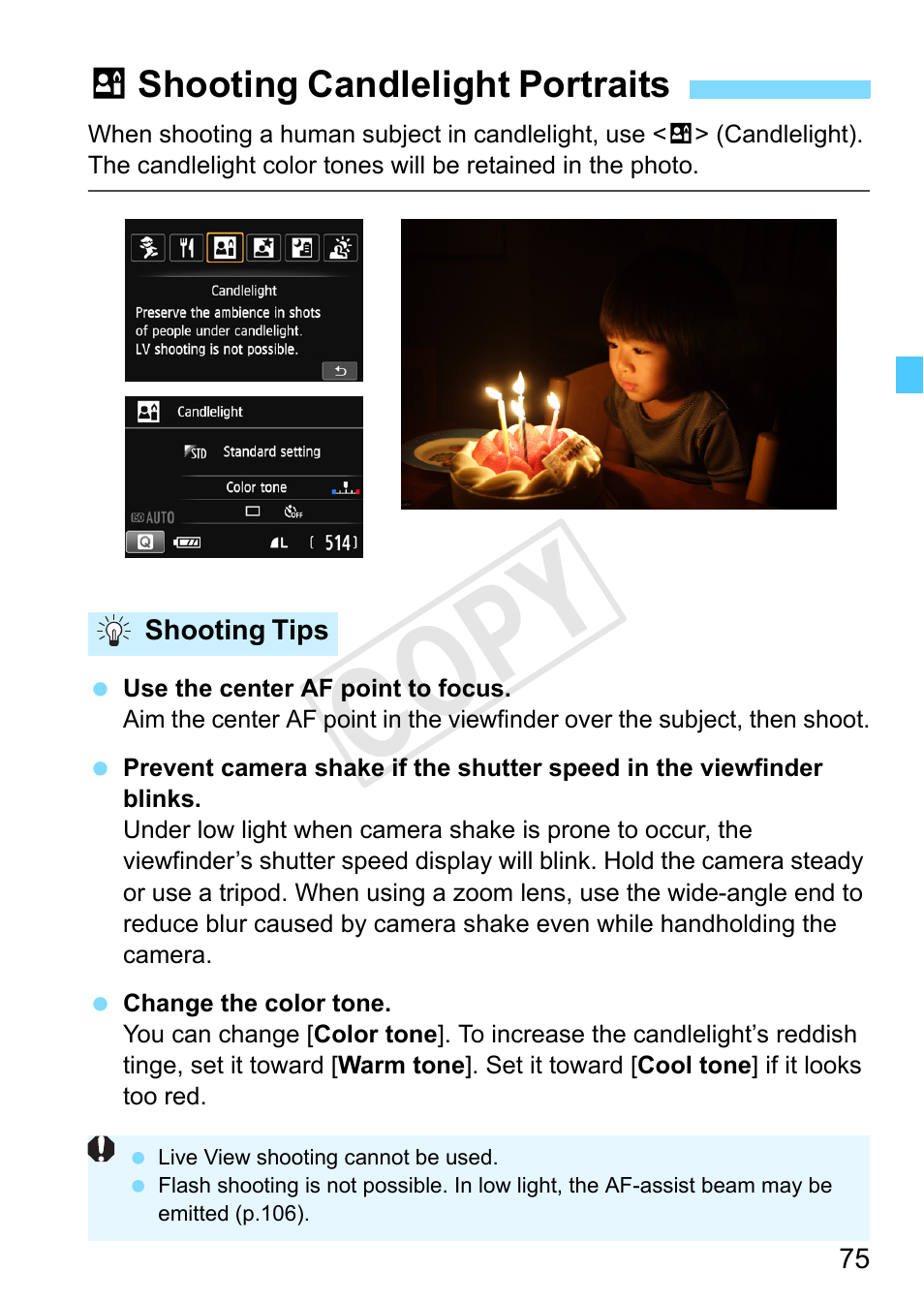 Shooting candlelight portraits, Candlelight (p.75), P.75 | Cop y | Canon EOS Rebel SL1 18-55mm IS STM Lens Kit User Manual | Page 75 / 388