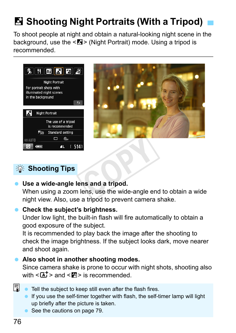 Shooting night portraits (with a tripod), Night portrait (p.76), P.76 | Cop y | Canon EOS Rebel SL1 18-55mm IS STM Lens Kit User Manual | Page 76 / 388