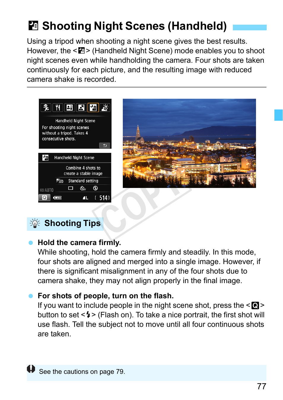 Shooting night scenes (handheld), Handheld night scene (p.77), P.77 | Cop y | Canon EOS Rebel SL1 18-55mm IS STM Lens Kit User Manual | Page 77 / 388