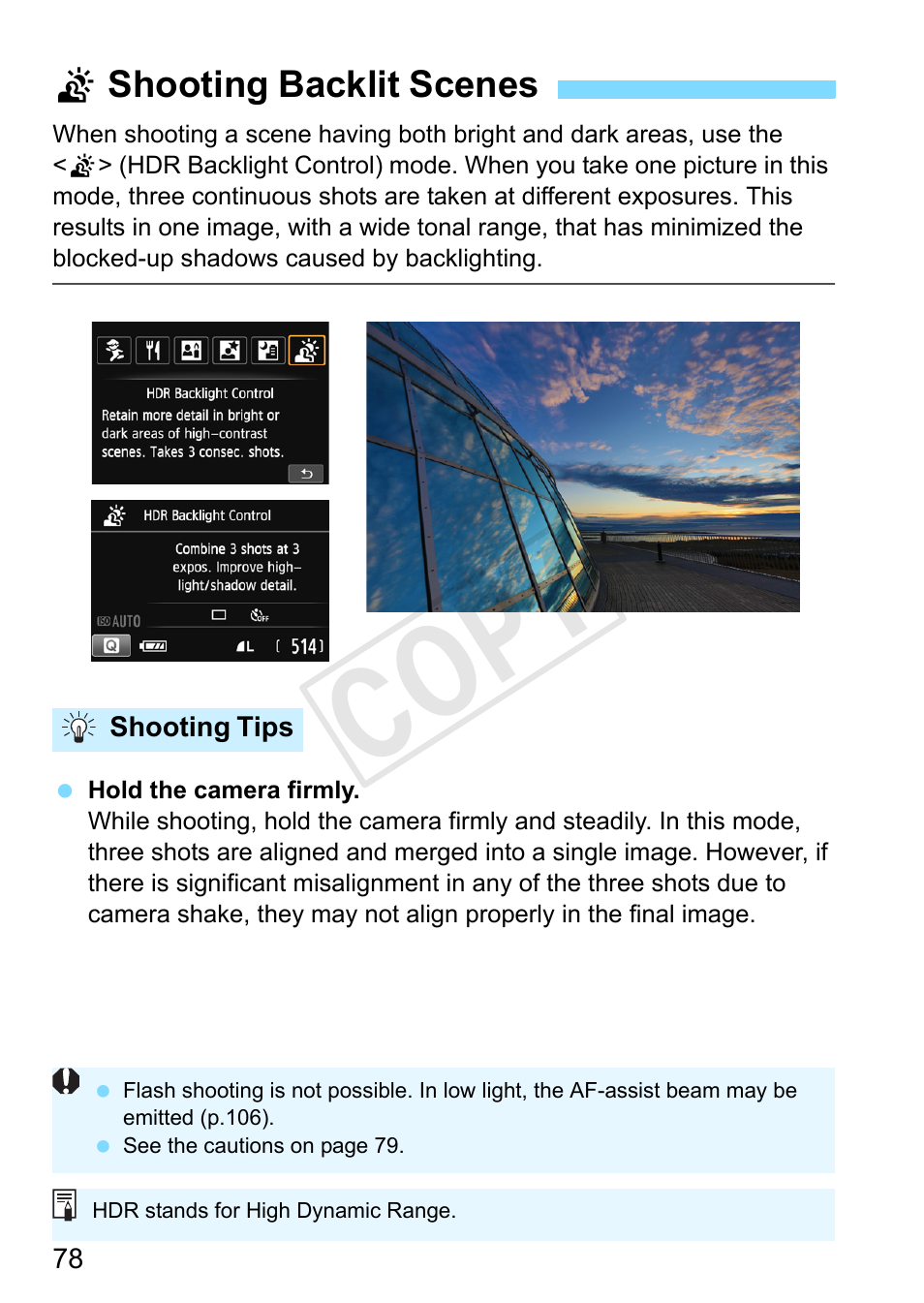 Shooting backlit scenes, Hdr backlight control (p.78), P.78 | Cop y | Canon EOS Rebel SL1 18-55mm IS STM Lens Kit User Manual | Page 78 / 388
