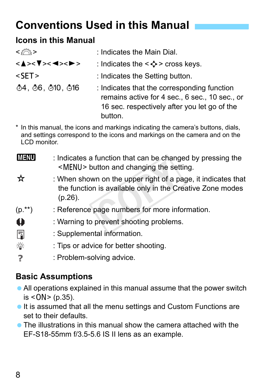 Conventions used in this manual, Cop y | Canon EOS Rebel SL1 18-55mm IS STM Lens Kit User Manual | Page 8 / 388