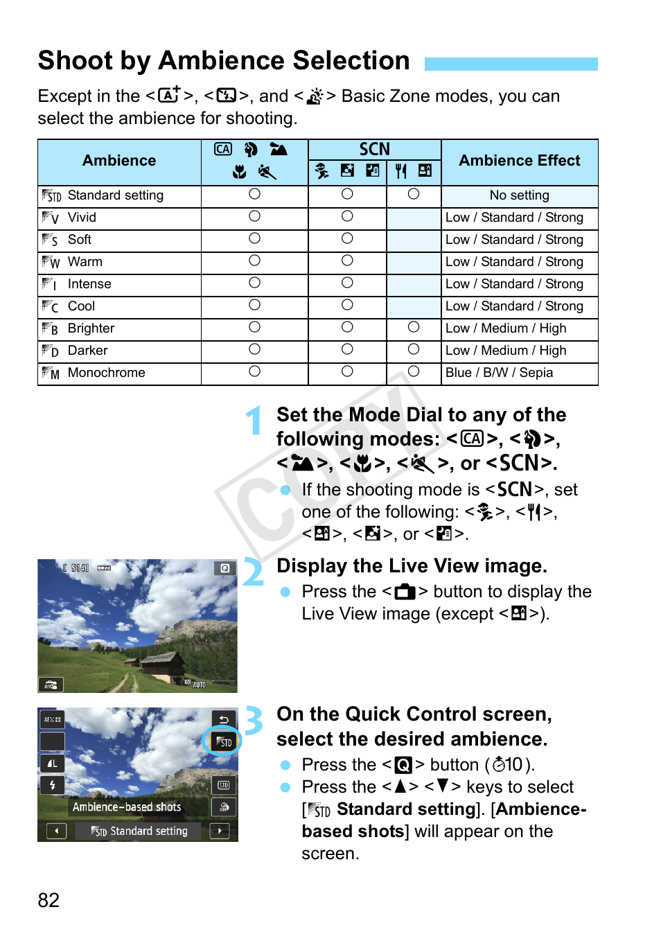 Shoot by ambience selection, S (p.82), Cop y | Canon EOS Rebel SL1 18-55mm IS STM Lens Kit User Manual | Page 82 / 388