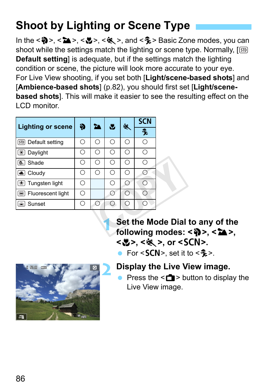 Shoot by lighting or scene type, S (p.86), Cop y | Canon EOS Rebel SL1 18-55mm IS STM Lens Kit User Manual | Page 86 / 388