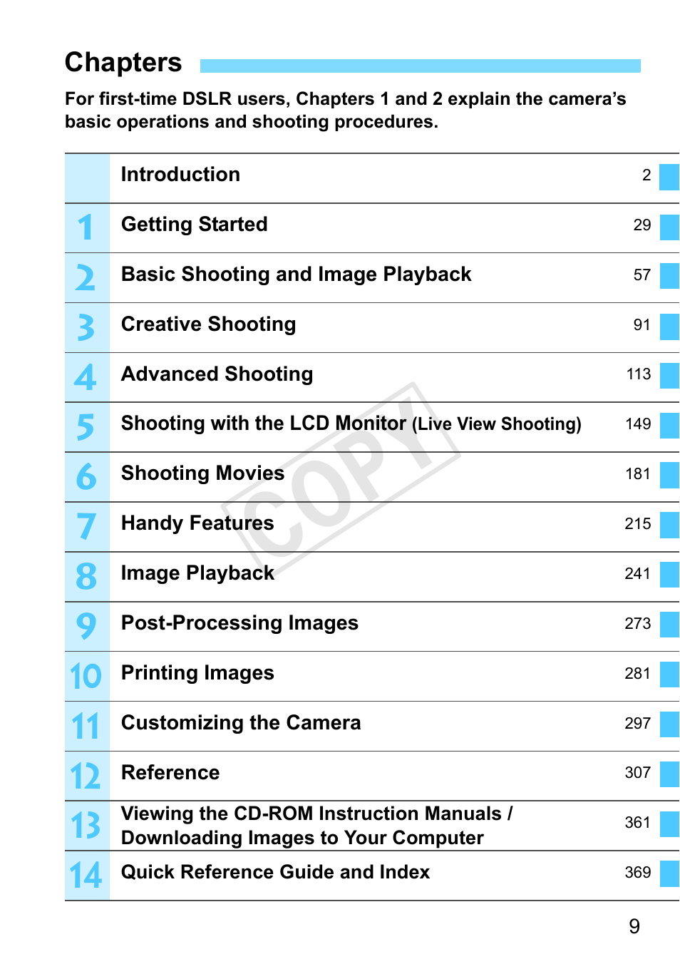 Chapters, Cop y | Canon EOS Rebel SL1 18-55mm IS STM Lens Kit User Manual | Page 9 / 388