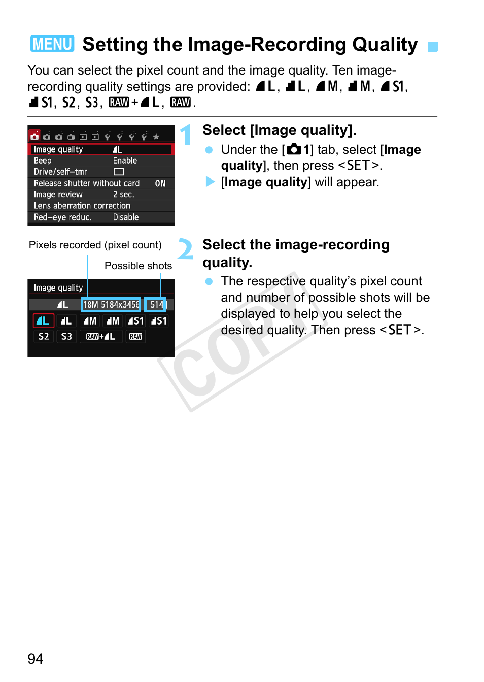 Setting the image-recording quality, P.94, Quality (p.94) | P.94), Cop y | Canon EOS Rebel SL1 18-55mm IS STM Lens Kit User Manual | Page 94 / 388