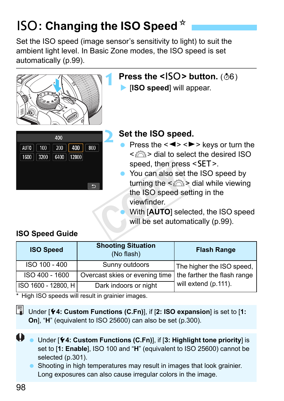 Changing the iso speed, P.98, Setting button (p.98) | Iso speed (p.98), Cop y, I: changing the iso speed n | Canon EOS Rebel SL1 18-55mm IS STM Lens Kit User Manual | Page 98 / 388
