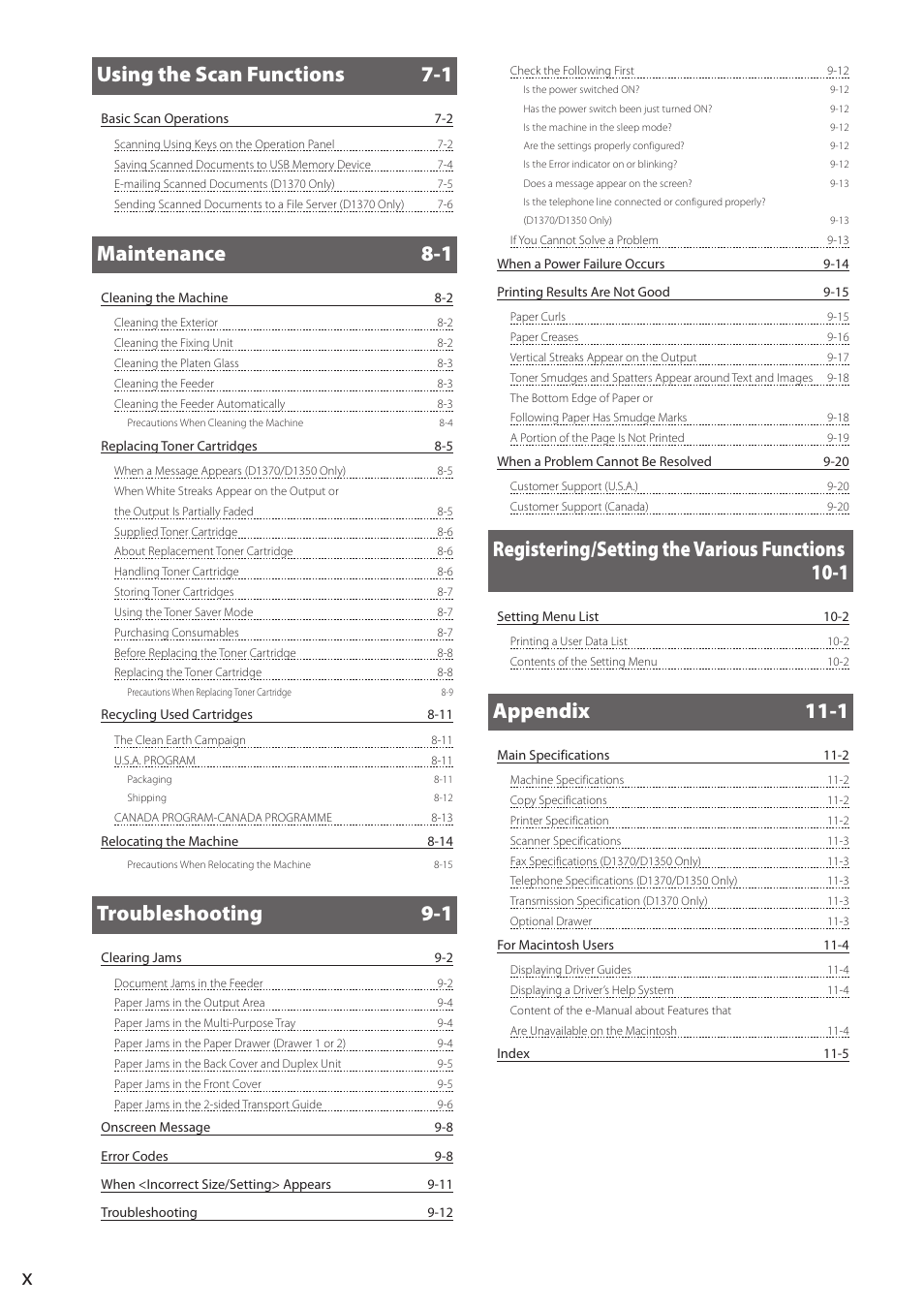 Using the scan functions 7-1, Maintenance 8-1, Troubleshooting 9-1 | Registering/setting the various functions 10-1, Appendix 11-1 | Canon imageCLASS D1350 User Manual | Page 10 / 174