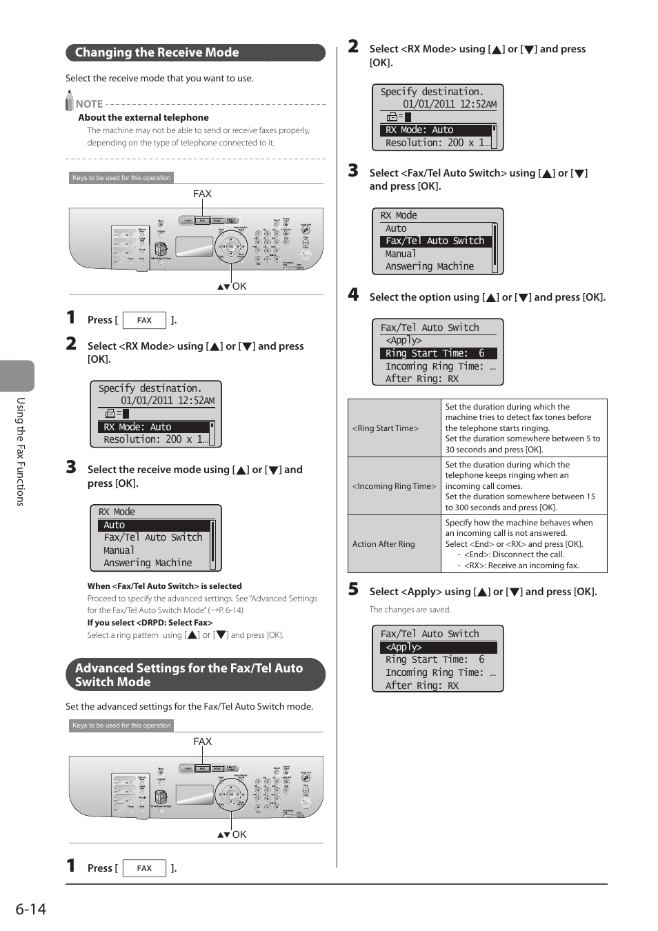 Changing the receive mode, Advanced settings for the fax/tel auto switch mode, P. 6-14) | Canon imageCLASS D1350 User Manual | Page 100 / 174