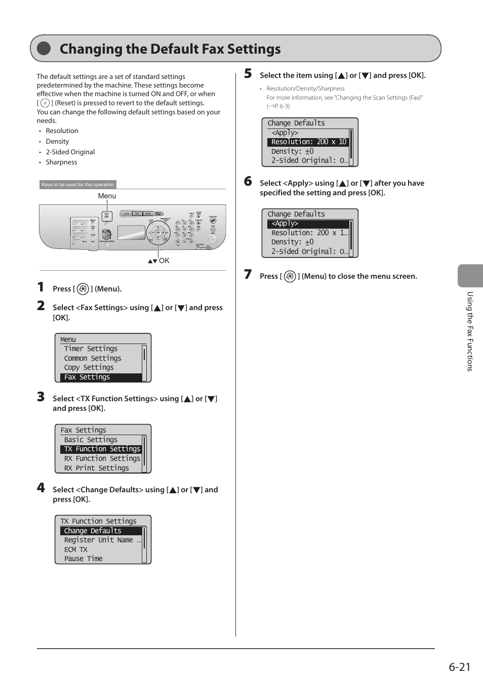 Changing the default fax settings, See “changing the, Default fax settings | P. 6-21) | Canon imageCLASS D1350 User Manual | Page 107 / 174