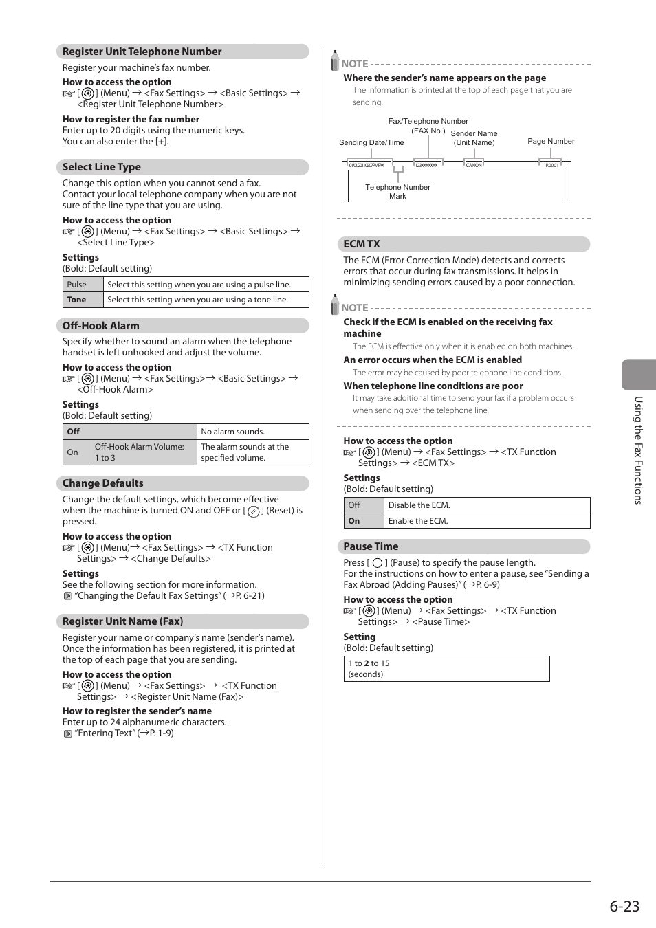 Register unit telephone number, Select line type, Off-hook alarm | Change defaults, Register unit name (fax), Ecm tx, Pause time, P. 6-23) | Canon imageCLASS D1350 User Manual | Page 109 / 174