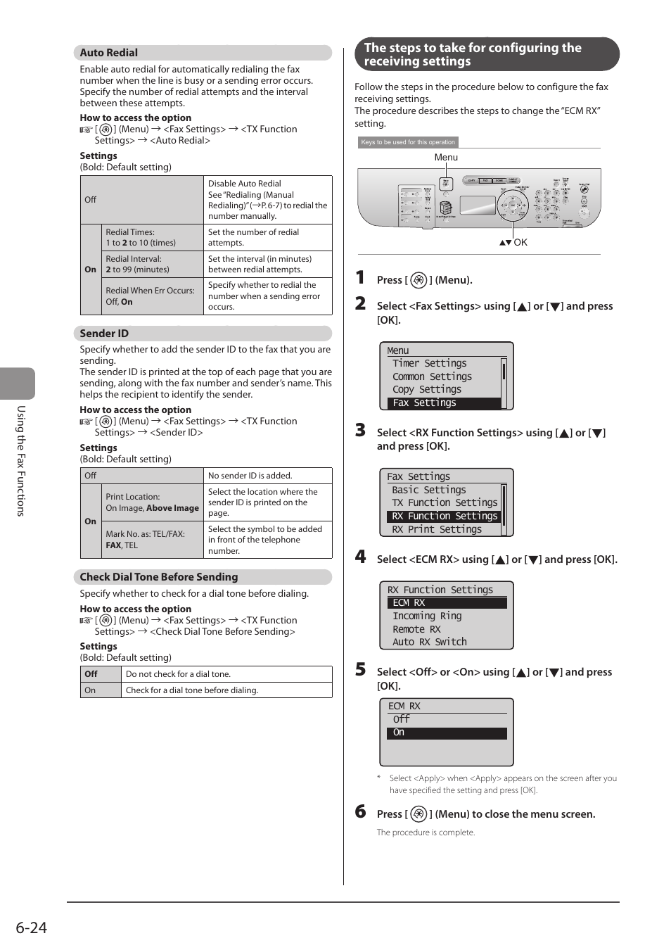 Auto redial, Sender id, Check dial tone before sending | P. 6-24) | Canon imageCLASS D1350 User Manual | Page 110 / 174