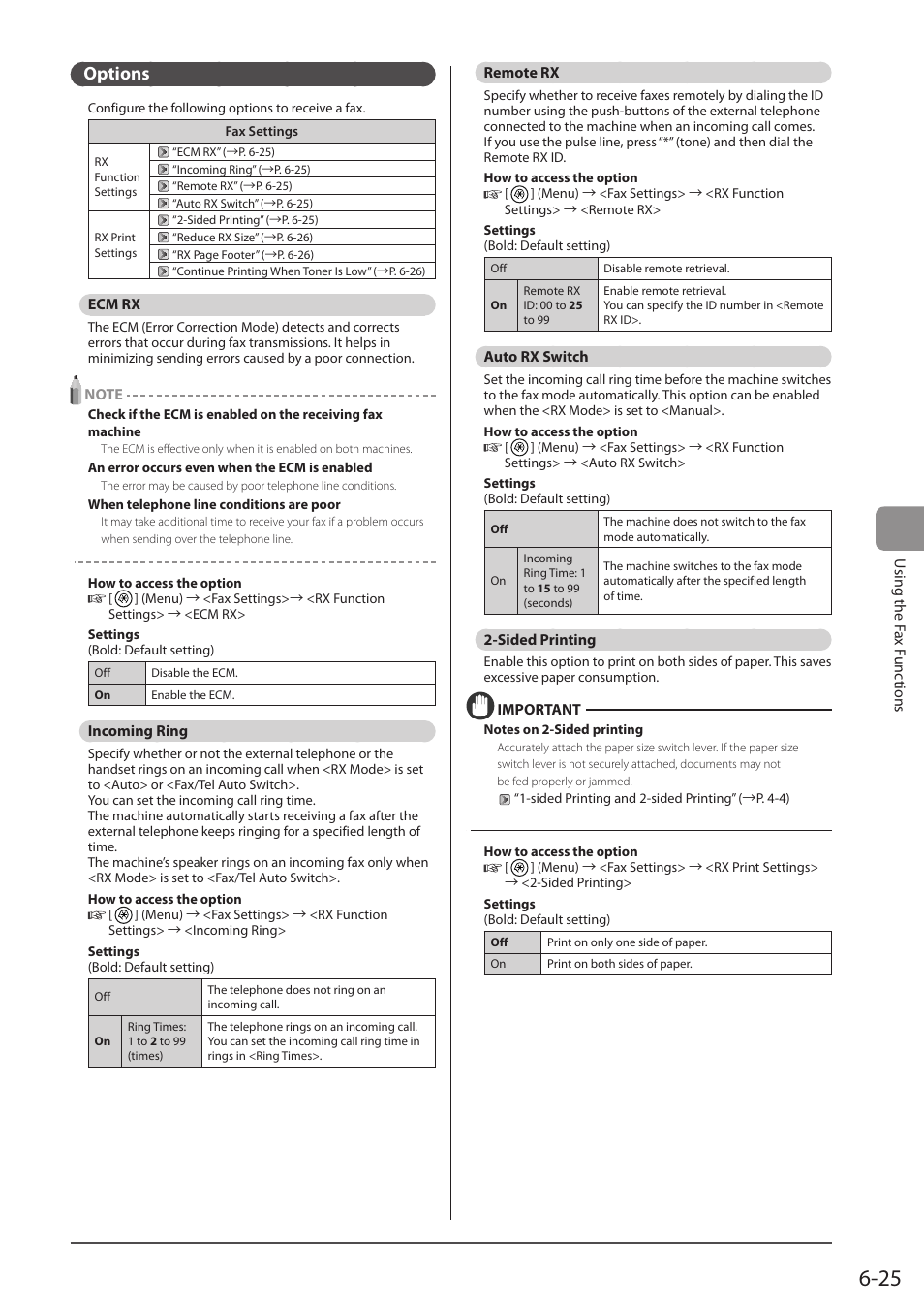 Options, Ecm rx, Incoming ring | Remote rx, Auto rx switch, Sided printing, P. 6-25) | Canon imageCLASS D1350 User Manual | Page 111 / 174