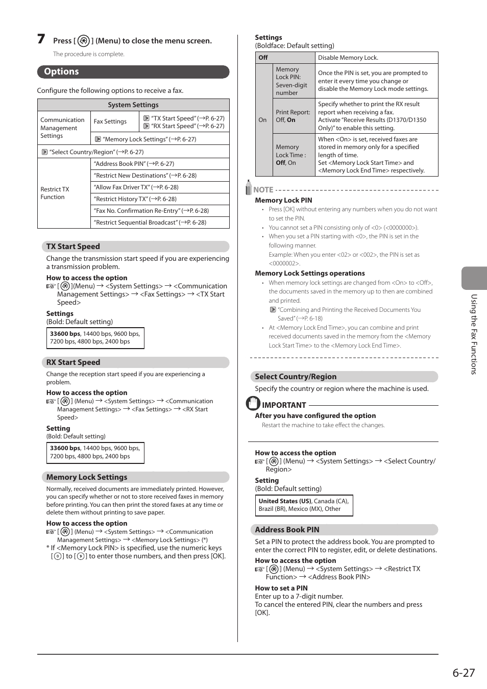 Options, Tx start speed, Rx start speed | Memory lock settings, Select country/region, Address book pin, P. 6-27) | Canon imageCLASS D1350 User Manual | Page 113 / 174