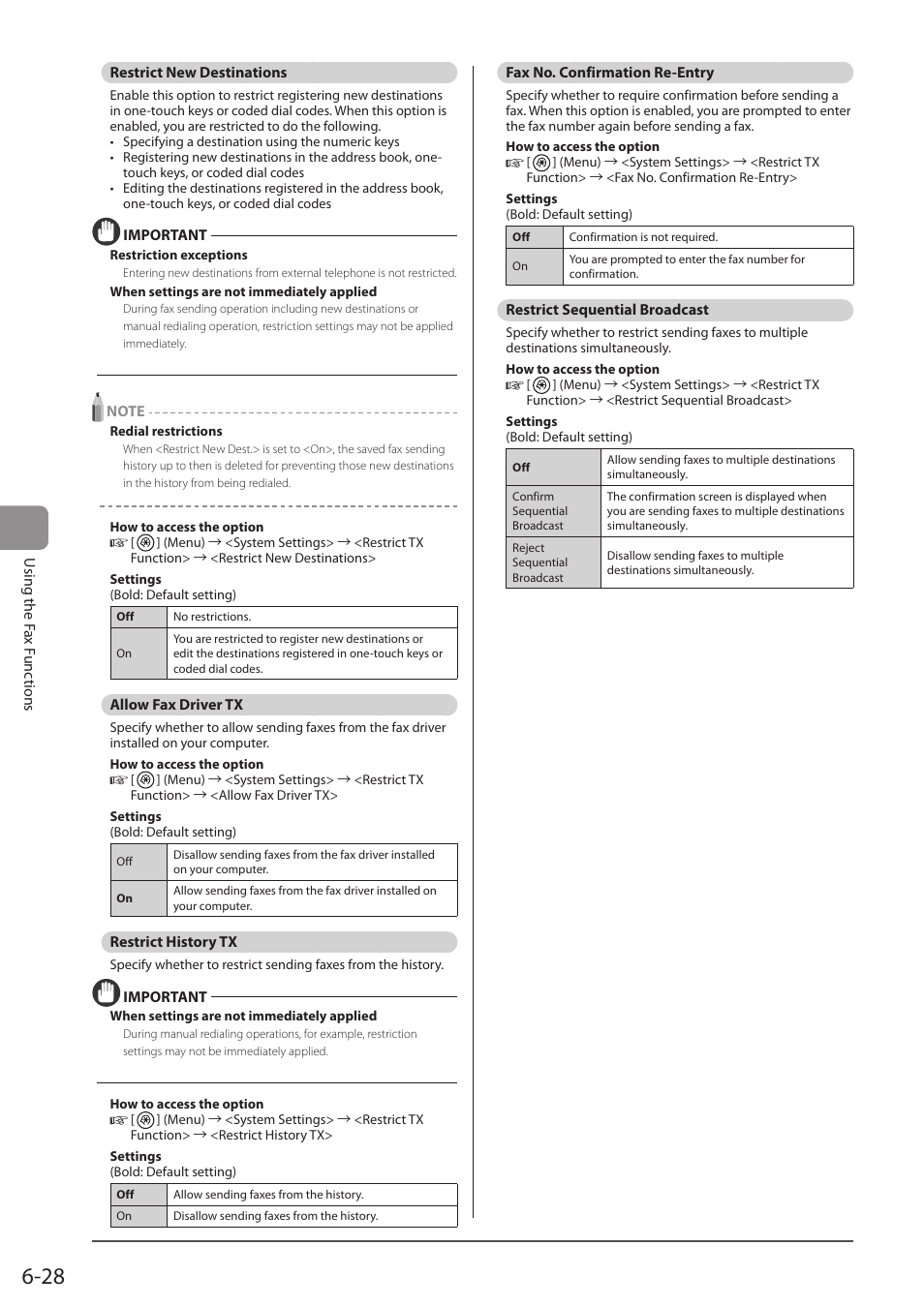 Restrict new destinations, Allow fax driver tx, Restrict history tx | Fax no. confirmation re-entry, Restrict sequential broadcast, P. 6-28) | Canon imageCLASS D1350 User Manual | Page 114 / 174