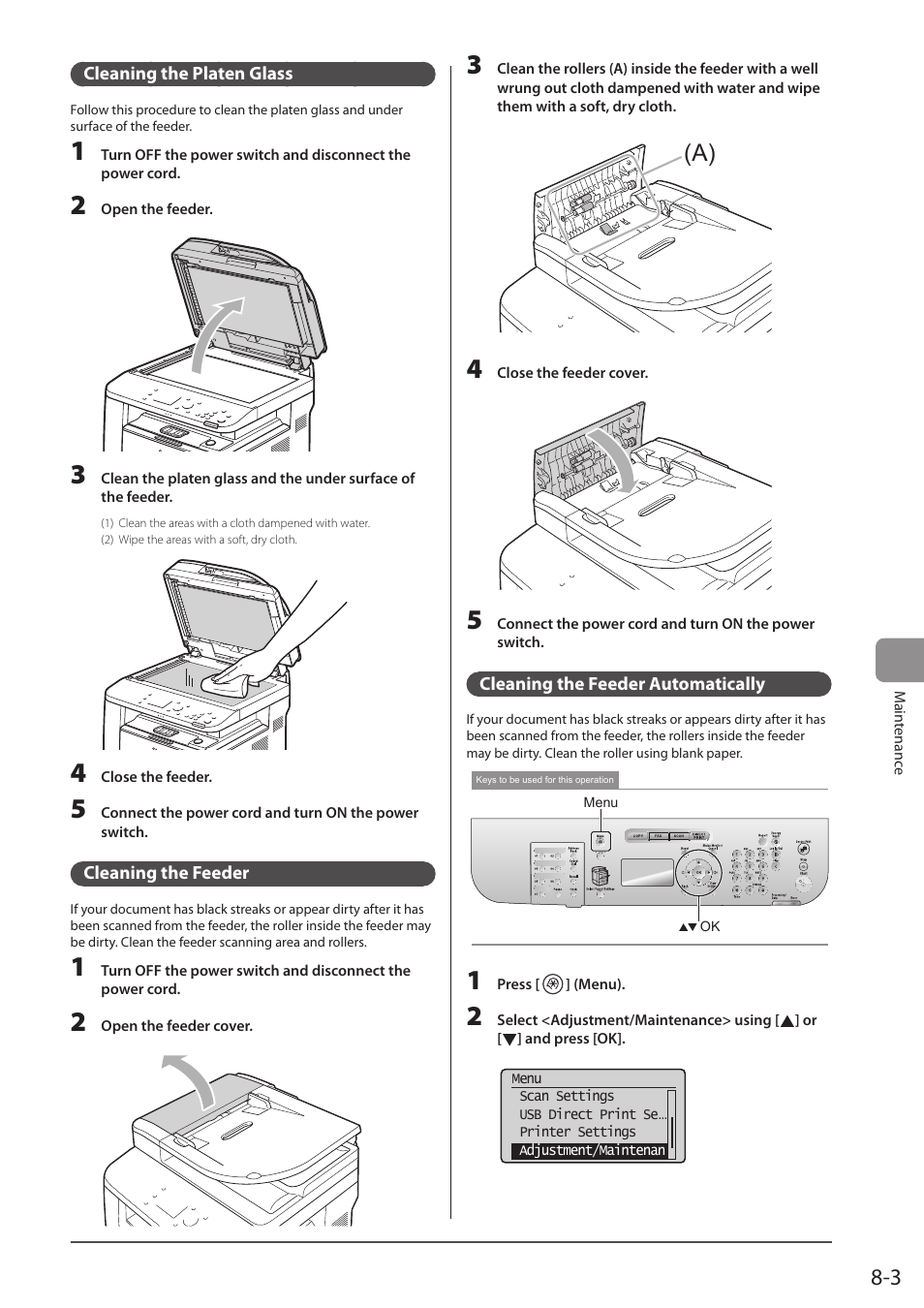 Cleaning the platen glass, Cleaning the feeder, Cleaning the feeder automatically | Canon imageCLASS D1350 User Manual | Page 125 / 174