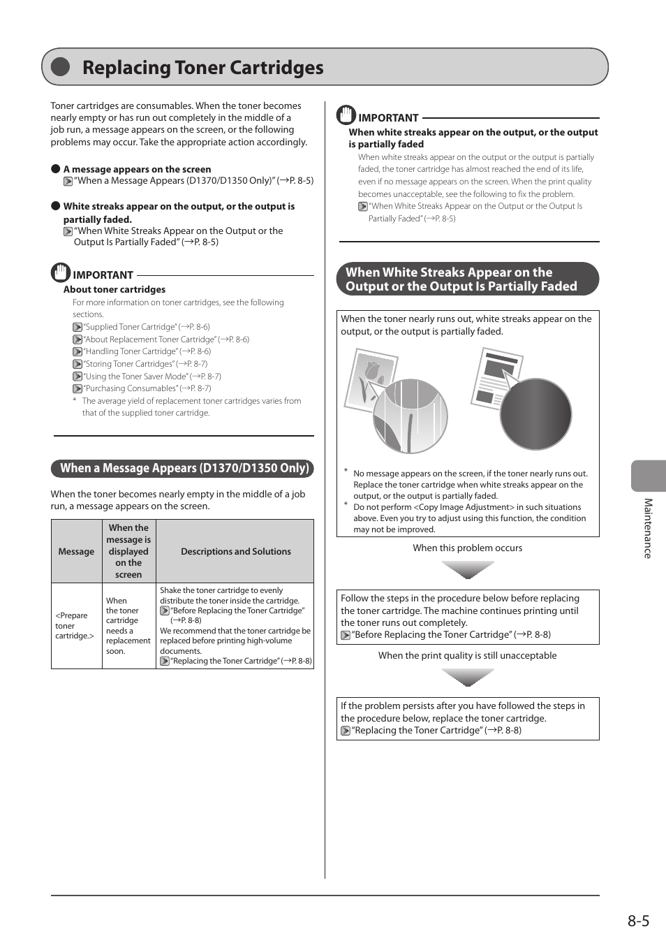 Replacing toner cartridges, When a message appears (d1370/d1350 only) | Canon imageCLASS D1350 User Manual | Page 127 / 174