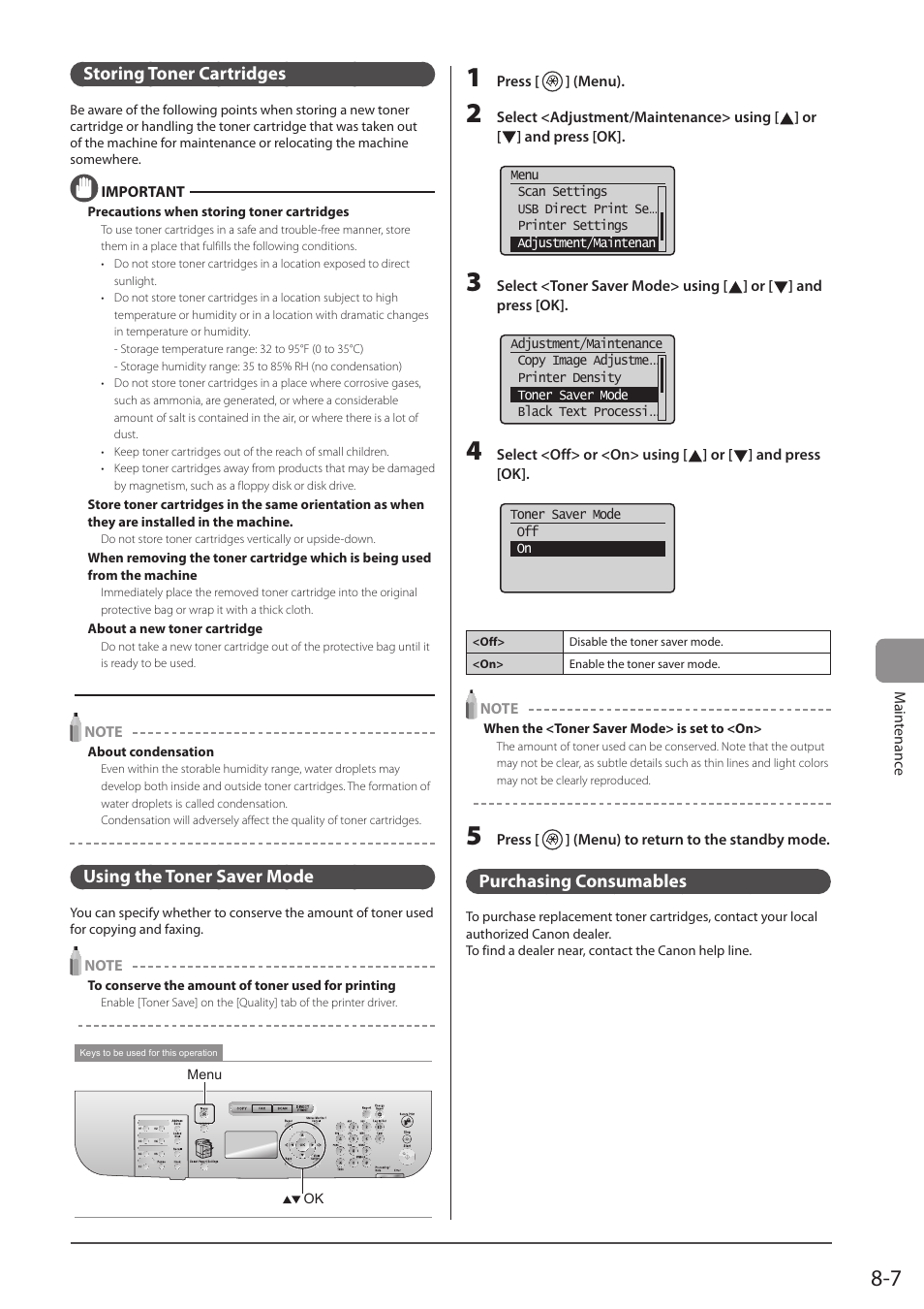 Storing toner cartridges, Using the toner saver mode, Purchasing consumables | P. 8-7) | Canon imageCLASS D1350 User Manual | Page 129 / 174