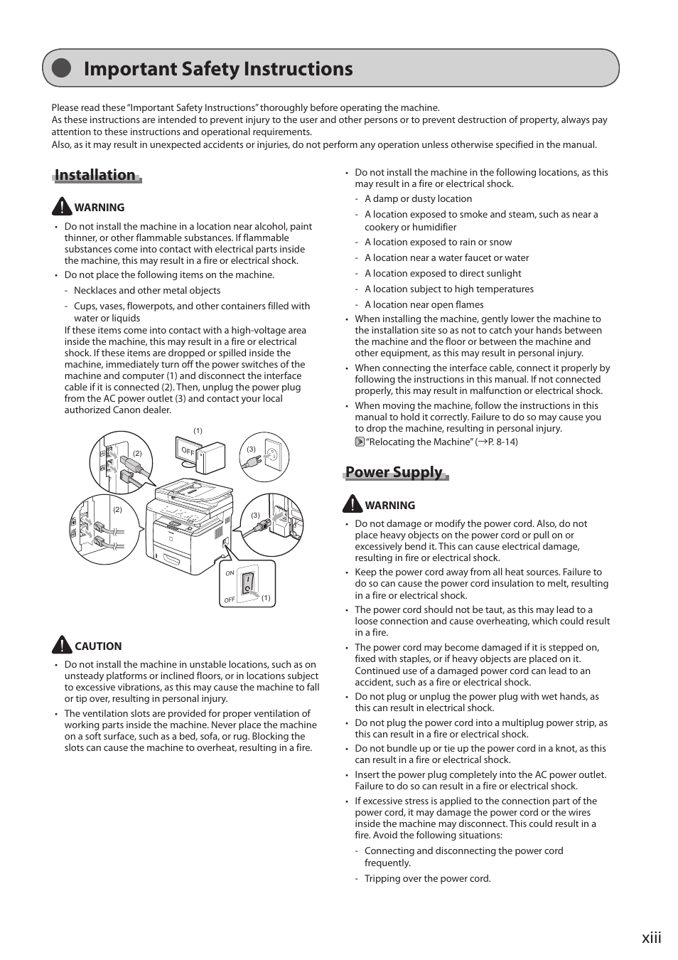 Important safety instructions, Xiii, Installation | Power supply | Canon imageCLASS D1350 User Manual | Page 13 / 174