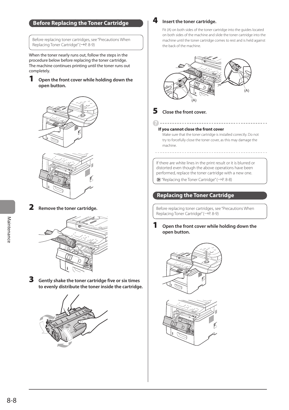 Before replacing the toner cartridge, Replacing the toner cartridge, P. 8-8) | Canon imageCLASS D1350 User Manual | Page 130 / 174