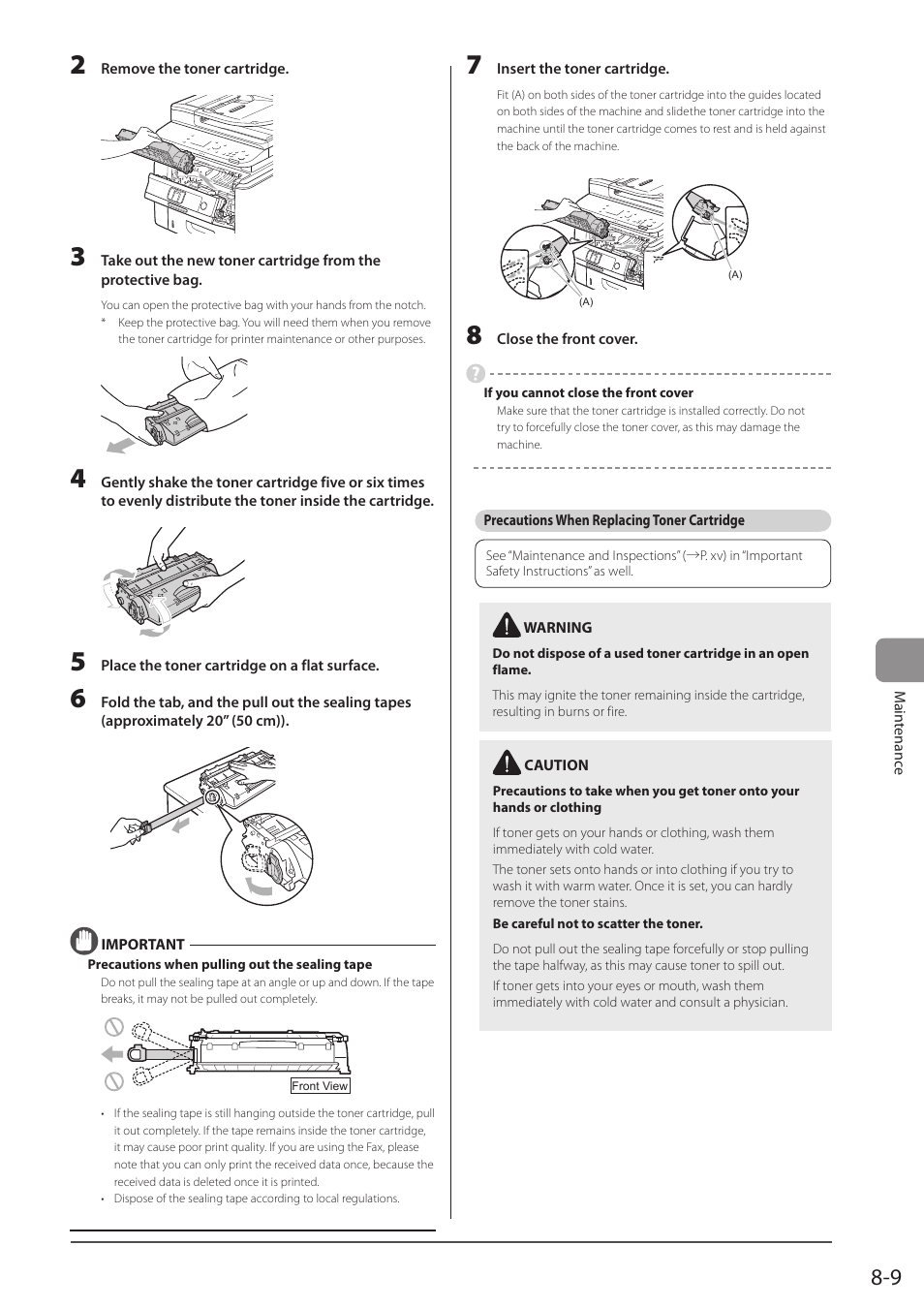 Precautions when replacing toner cartridge, See “precautions when, Replacing toner cartridge | P. 8-9) | Canon imageCLASS D1350 User Manual | Page 131 / 174