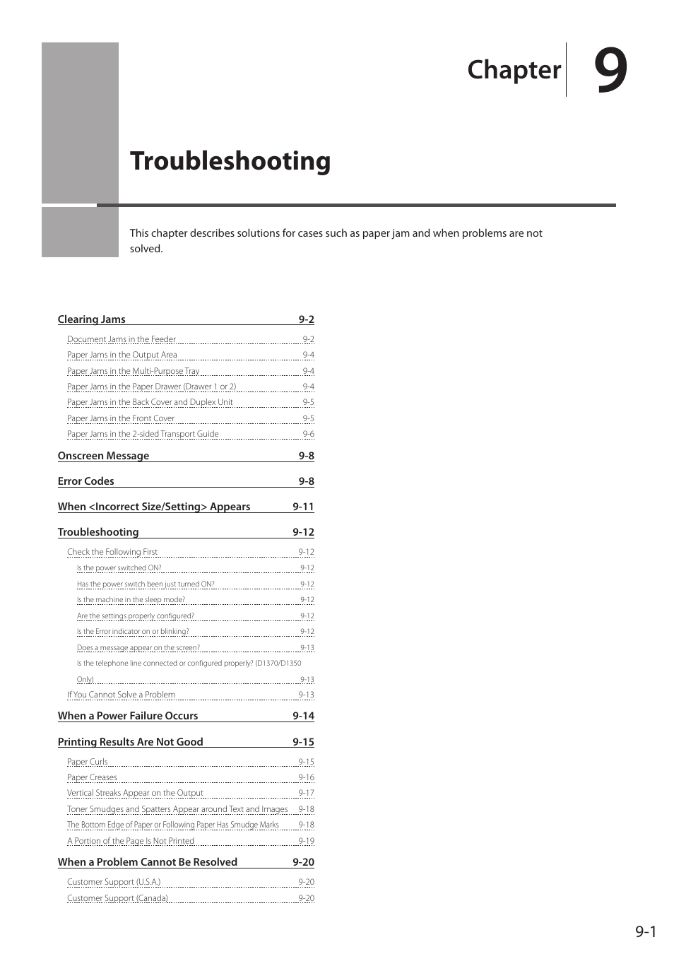 Troubleshooting, P.9-1, Chapter | Canon imageCLASS D1350 User Manual | Page 139 / 174