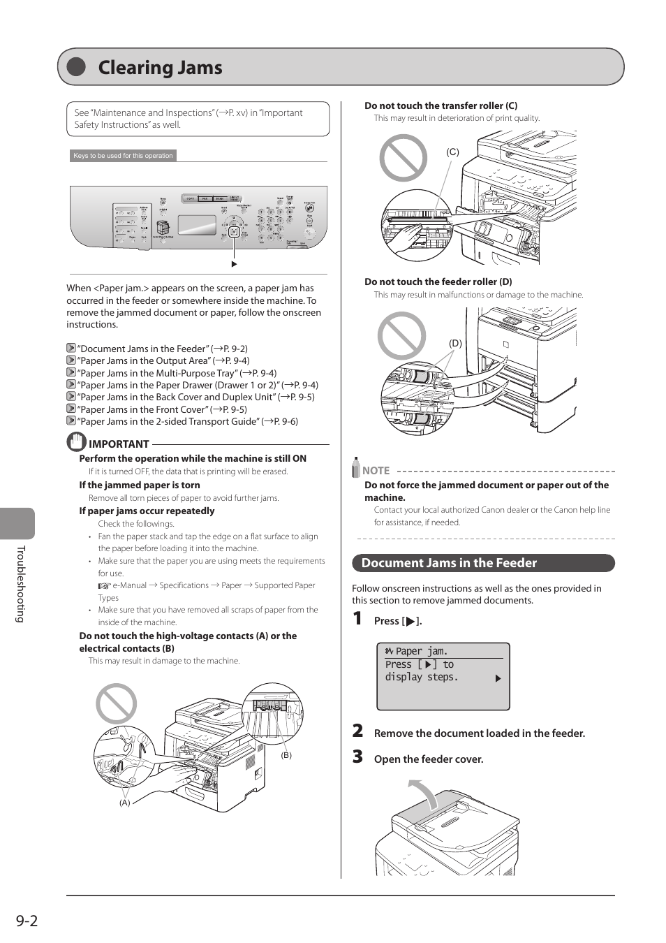 Clearing jams, Document jams in the feeder | Canon imageCLASS D1350 User Manual | Page 140 / 174