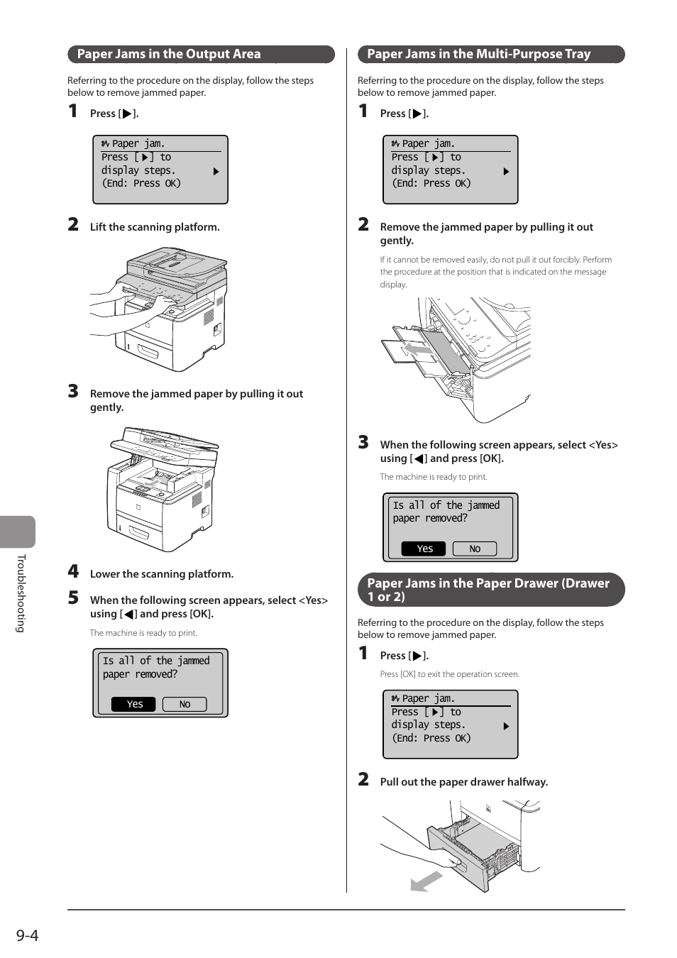 Paper jams in the output area, Paper jams in the multi-purpose tray, Paper jams in the paper drawer (drawer 1 or 2) | P. 9-4) | Canon imageCLASS D1350 User Manual | Page 142 / 174