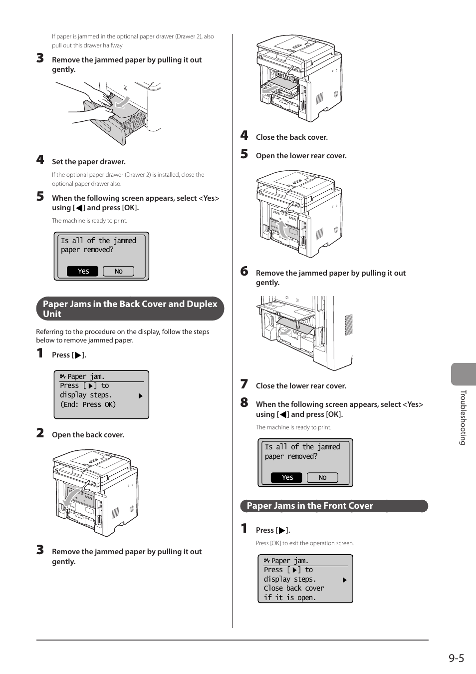 Paper jams in the back cover and duplex unit, Paper jams in the front cover, P. 9-5) | Canon imageCLASS D1350 User Manual | Page 143 / 174