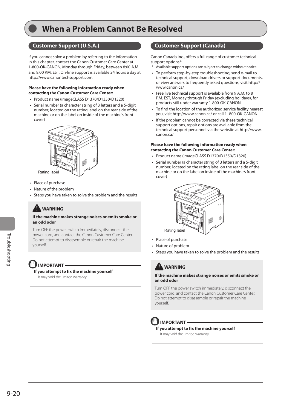 When a problem cannot be resolved, Customer support (u.s.a.), Customer support (canada) | Canon imageCLASS D1350 User Manual | Page 158 / 174