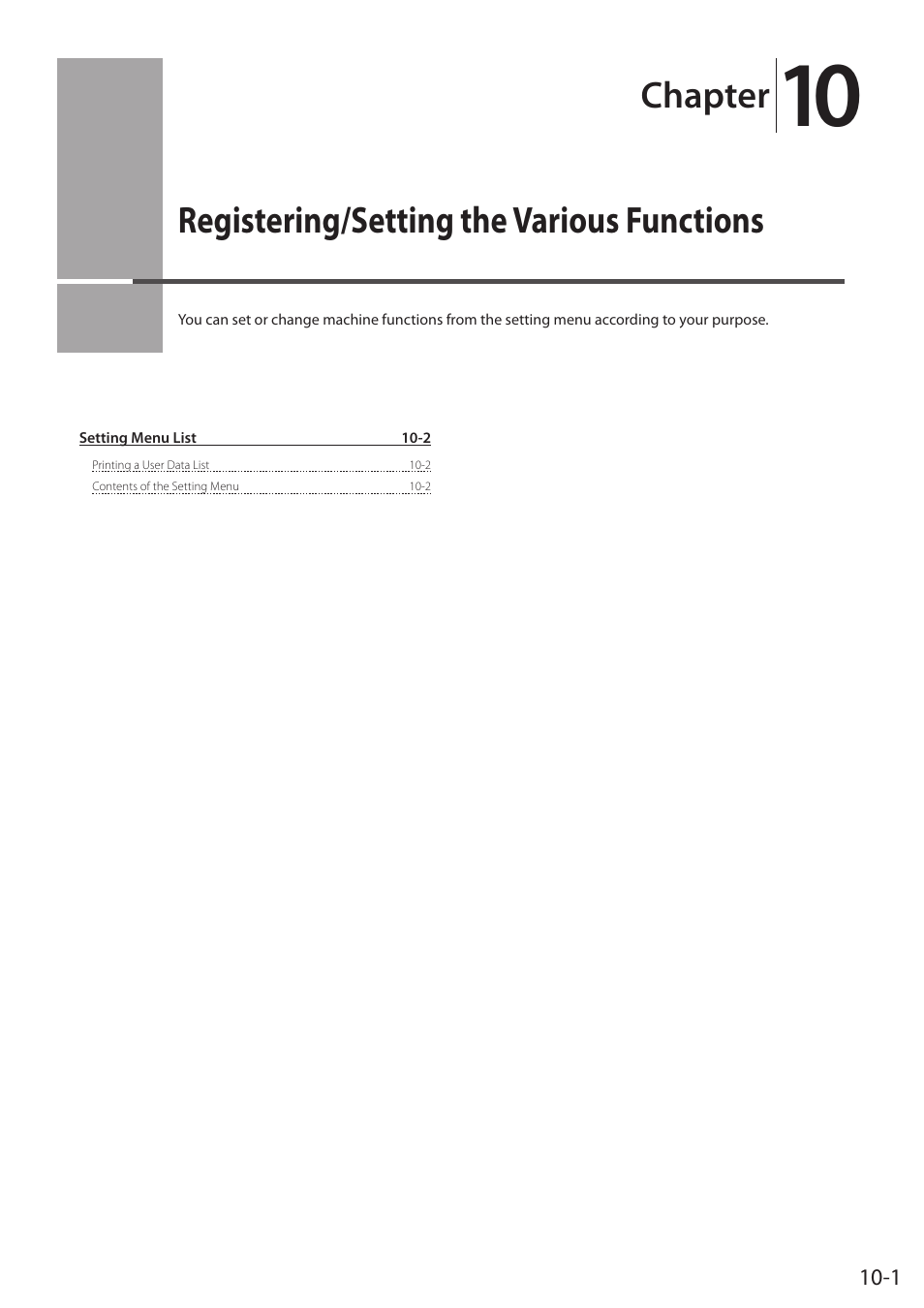 Registering/setting the various functions, Registering, Setting the various functions | P.10-1, Chapter | Canon imageCLASS D1350 User Manual | Page 159 / 174