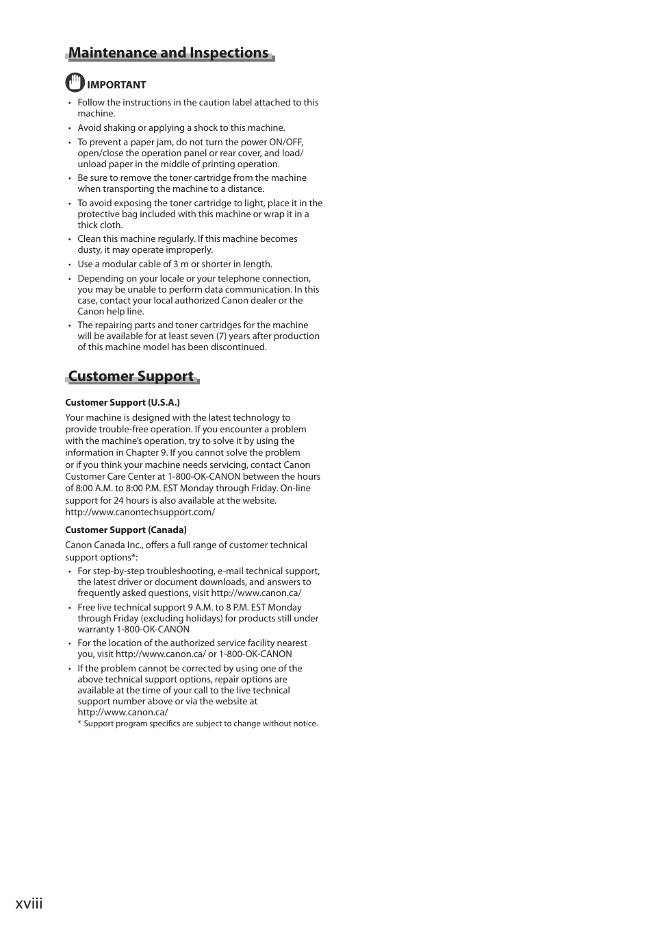 Xviii, Maintenance and inspections, Customer support | Canon imageCLASS D1350 User Manual | Page 18 / 174