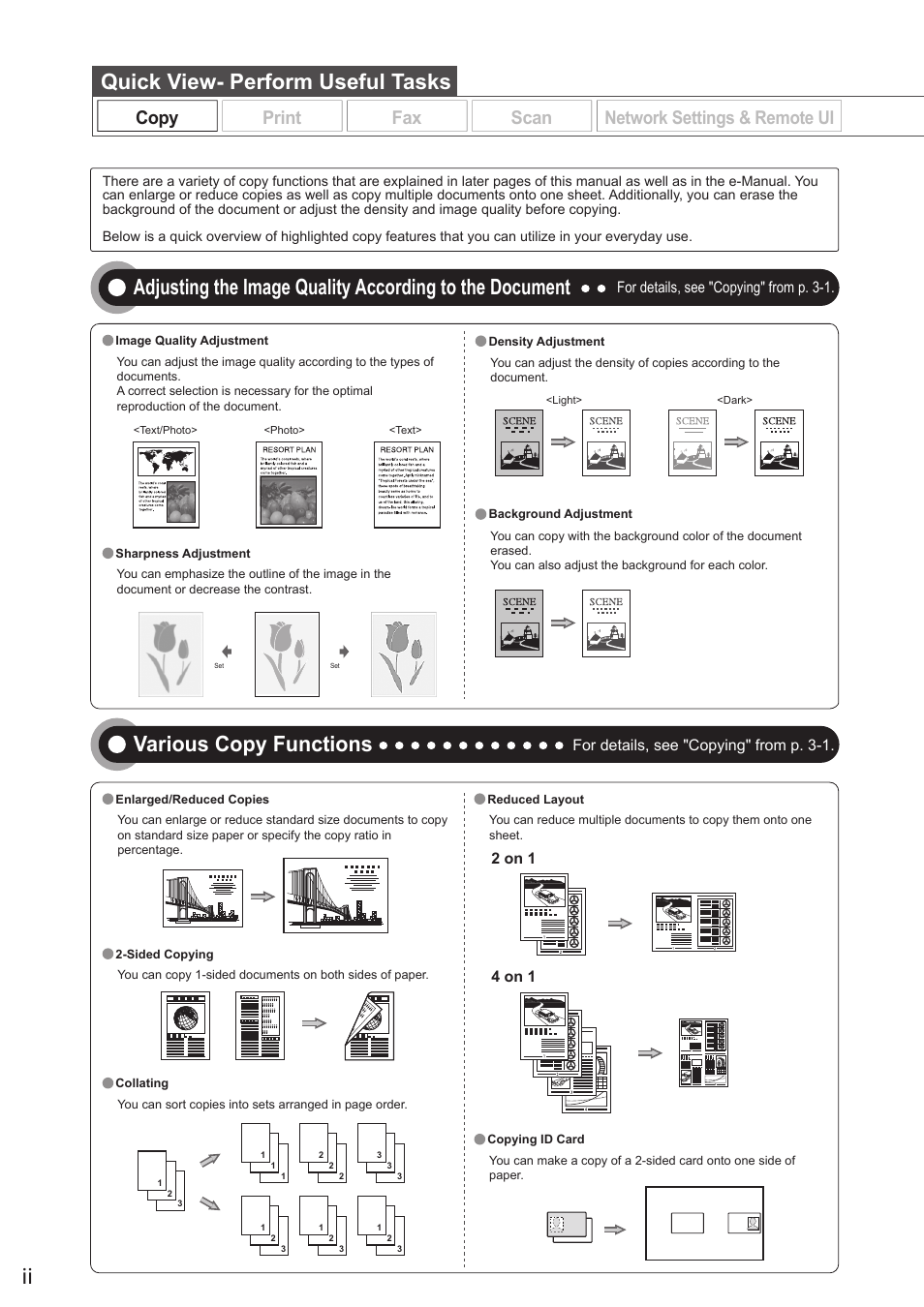 Quick view- perform useful tasks, Next, Various copy functions | Printing documents from a computer, Copy, Print fax scan copy print fax scan, Network settings & remote ui | Canon imageCLASS D1350 User Manual | Page 2 / 174