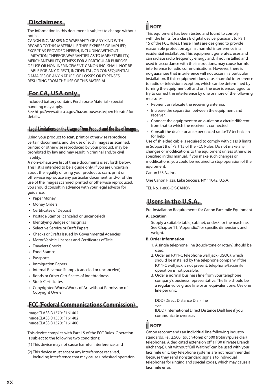 Disclaimers, For ca, usa only, Fcc (federal communications commission) | Users in the u.s.a | Canon imageCLASS D1350 User Manual | Page 20 / 174