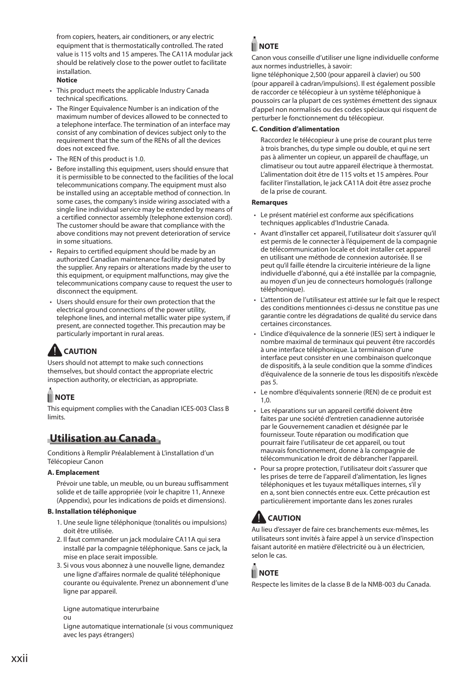 Xxii, Utilisation au canada | Canon imageCLASS D1350 User Manual | Page 22 / 174