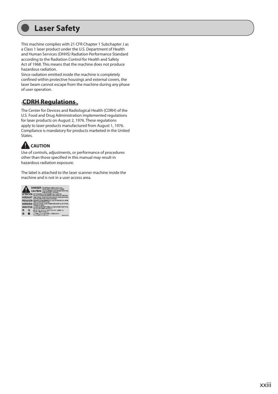 Laser safety, Xxiii, Cdrh regulations | Canon imageCLASS D1350 User Manual | Page 23 / 174