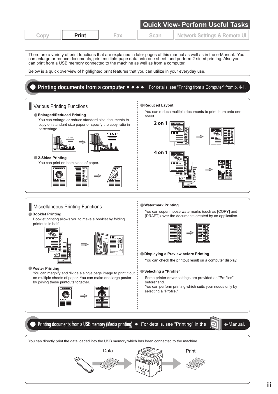 Various copy functions, Quick view- perform useful tasks, Printing documents from a computer | Copy, Print fax scan copy print fax scan, Network settings & remote ui | Canon imageCLASS D1350 User Manual | Page 3 / 174