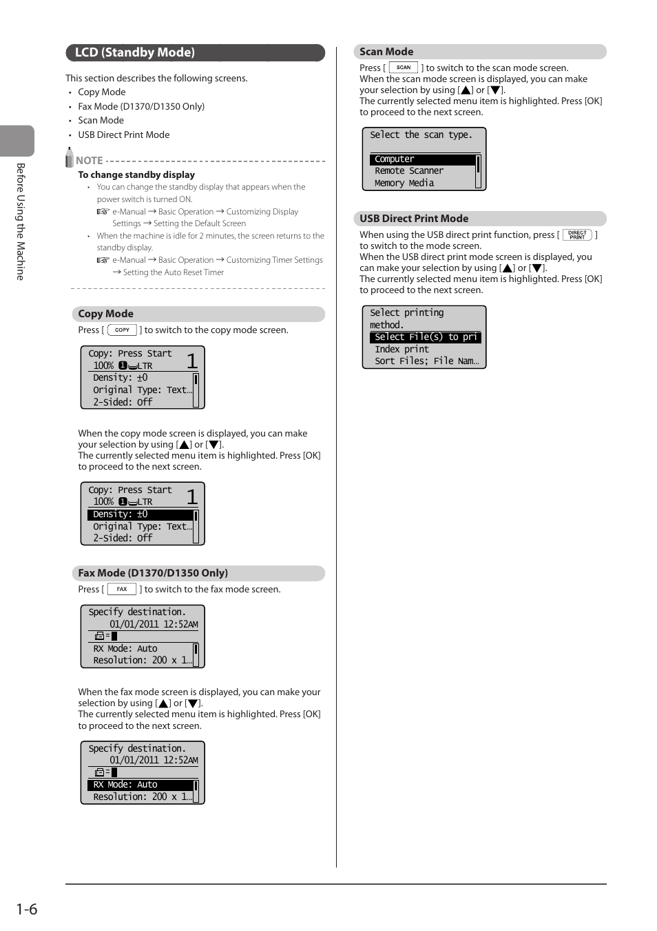 Lcd (standby mode), Copy mode, Fax mode (d1370/d1350 only) | Scan mode, Usb direct print mode | Canon imageCLASS D1350 User Manual | Page 30 / 174