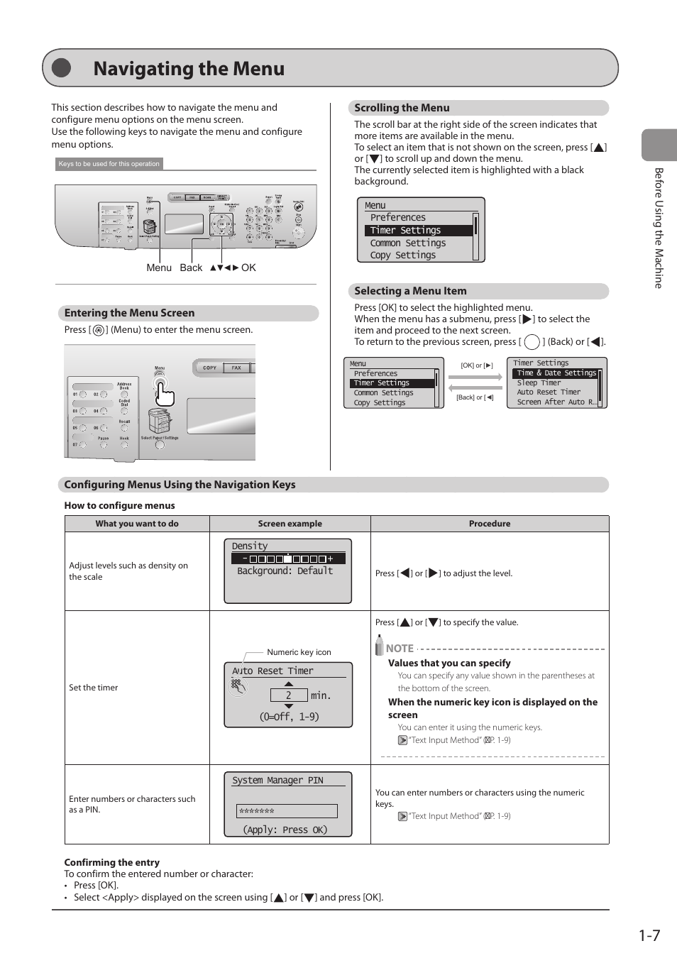 Navigating the menu, Entering the menu screen, Scrolling the menu | Selecting a menu item, Configuring menus using the navigation keys | Canon imageCLASS D1350 User Manual | Page 31 / 174